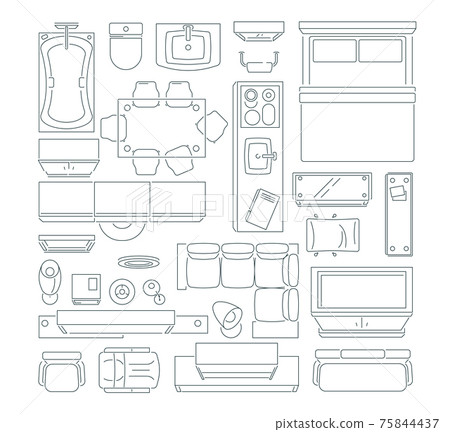 Top view of different furniture set for layout of the apartment. mono line pictures set 75844437