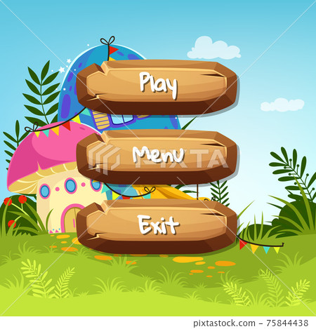 cartoon style wooden buttons with text for game design on fairytale mushroom houses background cartoon style wooden buttons with text for game design on fairytale mushroom houses background 75844438