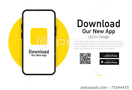 Download our app advertising banner. Phone mockup. App for mobile. UI and UX design. Vector illustration. 75844470