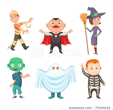 Halloween costumes for kids. Zombie, vampire, witch and funny ghost 75844616