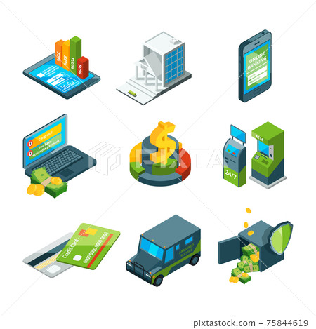 Digital banking. Online bank transaction. Digital operation. Isometric business icon set Digital banking. Online bank transaction. Digital operation. Isometric business icon set 75844619