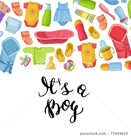 it is a boy illustration with lettering and baby accessories it is a boy illustration with lettering and baby accessories 75844620