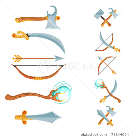 set of fantasy cartoon game design crossed and in the row swords, axes, staffs and bow weapon isolated on white background 75844634