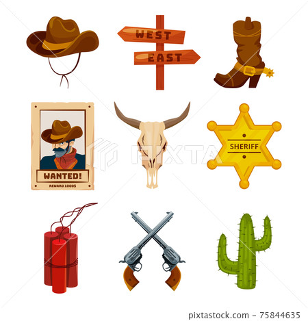 Wild west collection icons. Western illustrations at cartoon style. Boots, guns, cactus and skull Wild west collection icons. Western illustrations at cartoon style. Boots, guns, cactus and skull 75844635