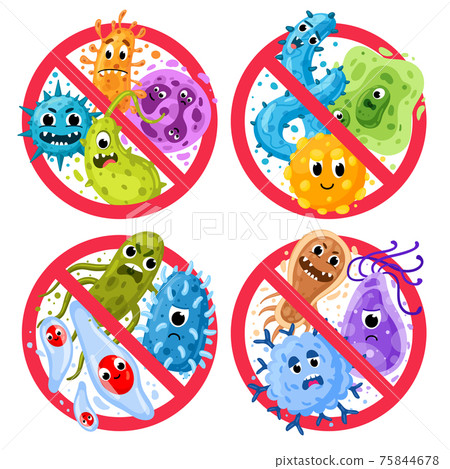 Bacterial protection. Germs in ged round prohibition signs, disinfection and epidemic prevention icons. Stop infection vector illustration set 75844678