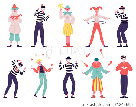 Mimes and clowns. Circus and street artists, comedy performing, juggling and magic tricks vector illustration set. Silent actors and funny clowns 75844696