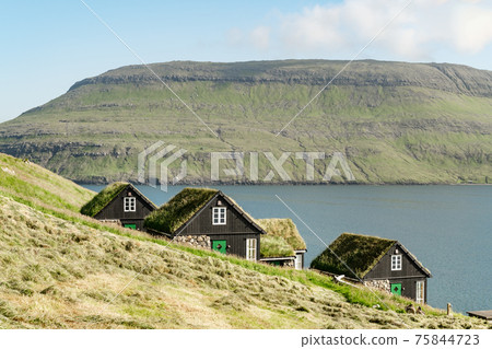 Picturesque view of tradicional faroese grass-covered houses 75844723