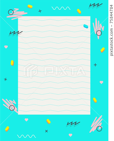 Empty blank page with decorative frame 80s 90s pattern.Geometric elements, stripes.Bright palette Blue, pink. Modern print for notebooks, stationary, letters, message. Memphis design style. Vector Empty blank page with decorative frame 80s 90s pattern.Geometric elements, stripes.Bright palette Blue, pink. Modern print for notebooks, stationary, letters, message. Memphis design style. Vector 75844784