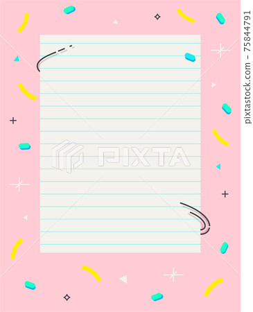 Empty blank page with decorative frame 80s 90s pattern.Geometric elements, stripes.Pastel palette pink. Modern print for notebooks, stationary, letters, message. Memphis graphic design style. Vector 75844791