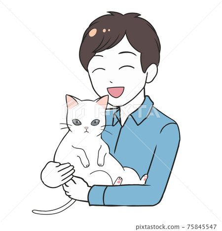 拿著一隻白色貓的一個微笑的人 拿著一隻白色貓的一個微笑的人 75845547