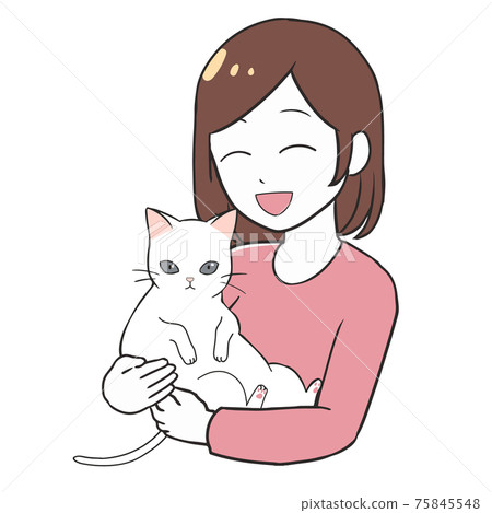 拿著一隻白色貓的一名微笑的婦女 拿著一隻白色貓的一名微笑的婦女 75845548