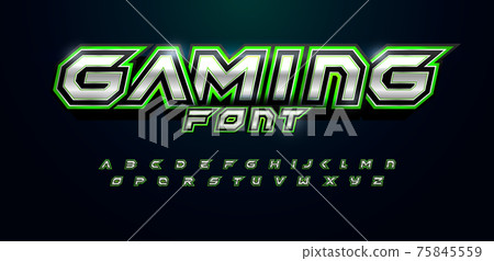 Modern futuristic font for video game logo and headline. Bold letters with sharp angles and green outline. Tilted sharp font on black background. Vector typography design with metal texture 75845559