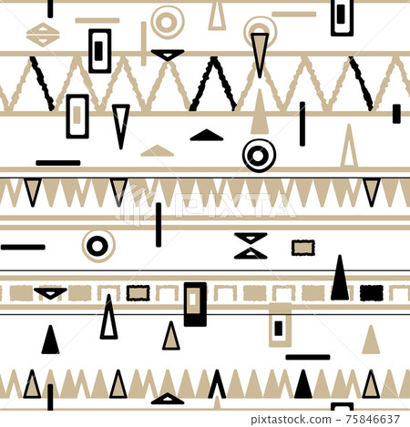 Beige Black horizontal winter vector Seamless border repeat pattern with random rough, twisted part of triangles or broken lines, circle shapes. Hand drawn effect on white background. 75846637