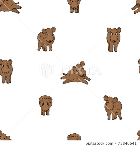 Seamless pattern of brown vector outline cute cartoon boar in different poses. Fluffy animal stand, run, is happy, is angry. Front side view. Doodle isolated illustration on white background. 75846641