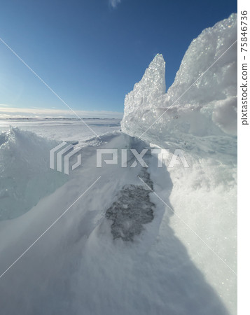 Ice slopes in sunny winter day, transparent ice of blue color, purely blue sky, long shadows, a pure snow-covered virgin soil, snow barkhans, Ice slopes in sunny winter day, transparent ice of blue color, purely blue sky, long shadows, a pure snow-covered virgin soil, snow barkhans, 75846736