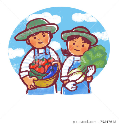 Two people holding vegetables harvested against the blue sky Two people holding vegetables harvested against the blue sky 75847618