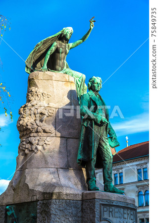 Sculpture of poet Preseren in Ljubljana Sculpture of poet Preseren in Ljubljana 75849735