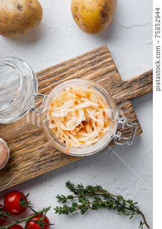 Cabbage preserving, on white background, top view flat lay 75852944