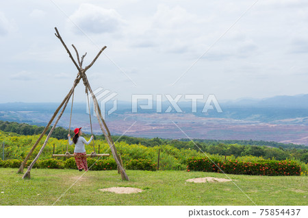 women happy playing swing. women happy playing swing. 75854437