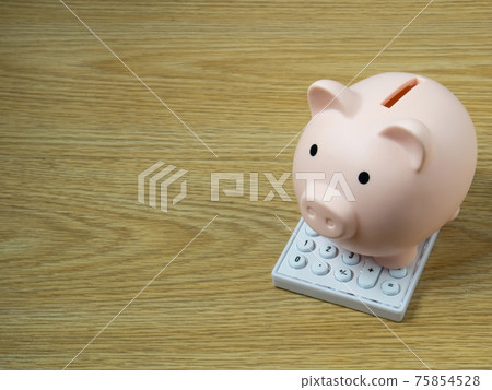A piggy bank on wood table for  Finance or saving money business content. 75854528