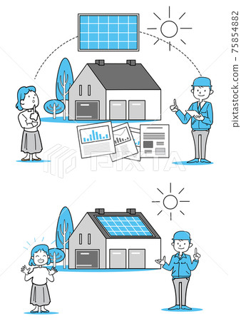 房屋插畫簡約線條-太陽能電池板安裝套裝 房屋插畫簡約線條-太陽能電池板安裝套裝 75854882
