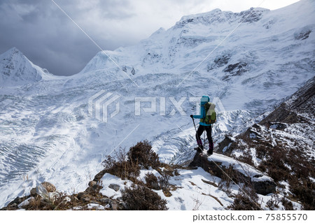 Successful woman backpacker hiking in winter mountains Successful woman backpacker hiking in winter mountains 75855570