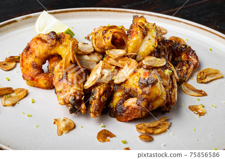 Grill red Argentinian prawns cooking seafood, on plate, on old dark wooden table background 75856586