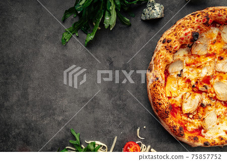 Fresh neopolitan chicken pizza on grey background 75857752