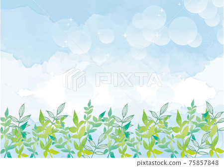 清新碧綠藍天手寫水彩風景風景背景素材 插圖素材 圖庫