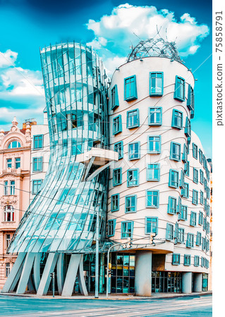 PRAGUE, CZECH REPUBLIC- SEPTEMBER 12, 2015: Dancing -"Drunk" House in Prague. PRAGUE, CZECH REPUBLIC- SEPTEMBER 12, 2015: Dancing -"Drunk" House in Prague. 75858791