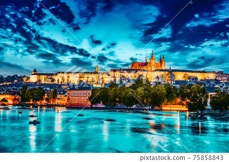 View of Prague Castle from waterfront  Vltava river in Prague.Czech Republic. 75858843