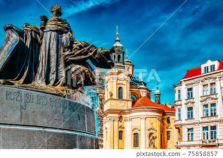 Church of St Nicholas and Jan Hus monumenton historic square the Old Town of Prague.It is located between Wenceslas Square and the Charles Bridge. Church of St Nicholas and Jan Hus monumenton historic square the Old Town of Prague.It is located between Wenceslas Square and the Charles Bridge. 75858857