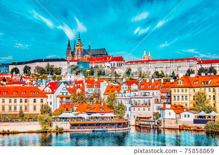View of Prague Castle from waterfront  Vltava river in Prague.Czech Republic. 75858869