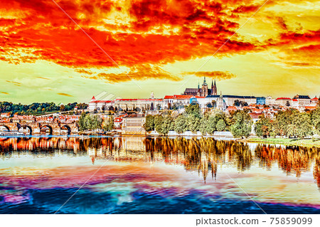 View of Prague Castle from waterfront  Vltava river in Prague.Czech Republic. 75859099
