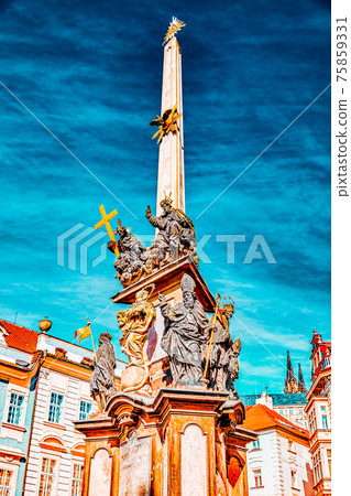 Marian columns are religious monuments built in honour of the Blessed Trinity, often in thanksgiving for the ending of a plague-and known as plague columns in area Prague's Mala Strana (Lesser Town of 75859331