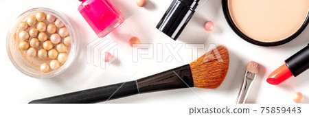 Make-up panoramic banner. Various makeup products and tools, shot from the top 75859443