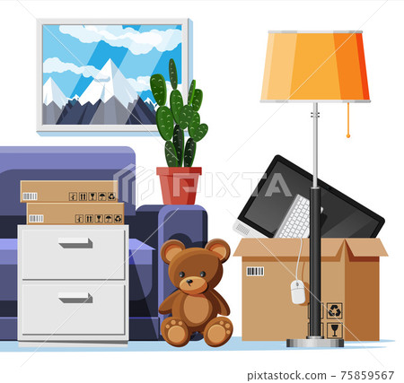 Sofa with cardboard boxes with household items Sofa with cardboard boxes with household items 75859567