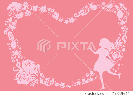 A frame illustration of a heart flower and a girl's paper-cut silhouette A frame illustration of a heart flower and a girl's paper-cut silhouette 75859645