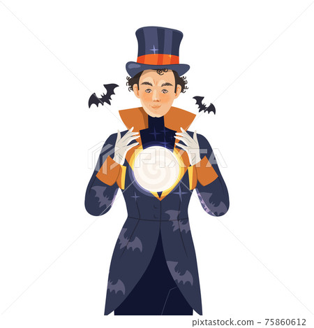 Man Psychic and Stage Magician in Top Hat Performing Trick Holding Crystal Ball Vector Illustration Man Psychic and Stage Magician in Top Hat Performing Trick Holding Crystal Ball Vector Illustration 75860612