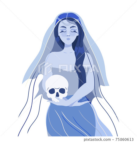 Female in Veil with Skull as Psychic Performing Occult Ritual Summoning Spirit Vector Illustration 75860613