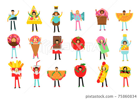 Young Man and Woman Wearing Food Costumes Standing and Waving Hand Vector Illustration Set 75860834