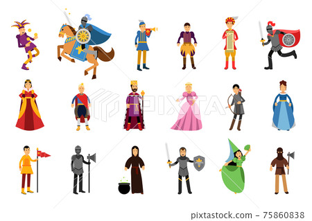 Medieval People Characters with Herald and Jester Vector Illustration Set 75860838