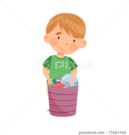 Cute Little Boy Standing Near Basket with Different Toys in Kindergarden Vector Illustration 75861344