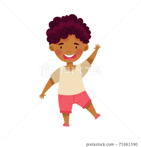 Smiling African American Boy Character Greeting Waving Hands Vector Illustration 75861390