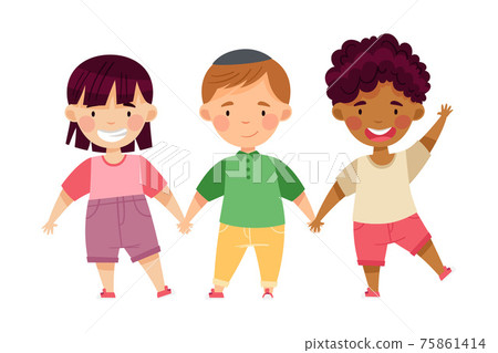 Multiethnic Children Holding Hands and Smiling... - Stock Illustration ...