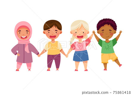 Multiethnic Children Holding Hands and Smiling Vector Illustration 75861418