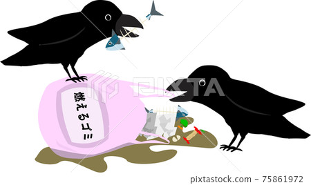 一隻烏鴉戳著一袋燃燒的垃圾 一隻烏鴉戳著一袋燃燒的垃圾 75861972