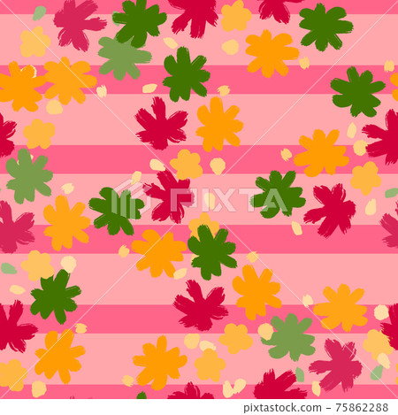 Bright seamless pattern with green, pink and yellow abstract flower buds elements. Pink striped background. Bright seamless pattern with green, pink and yellow abstract flower buds elements. Pink striped background. 75862288
