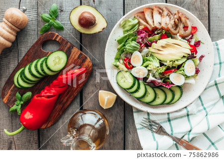 Healthy eating concept flat lay. Mediterranean diet, food on wooden background 75862986