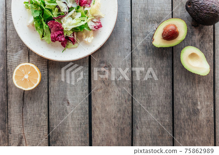 Healthy eating concept flat lay. Mediterranean diet, food on wooden background 75862989